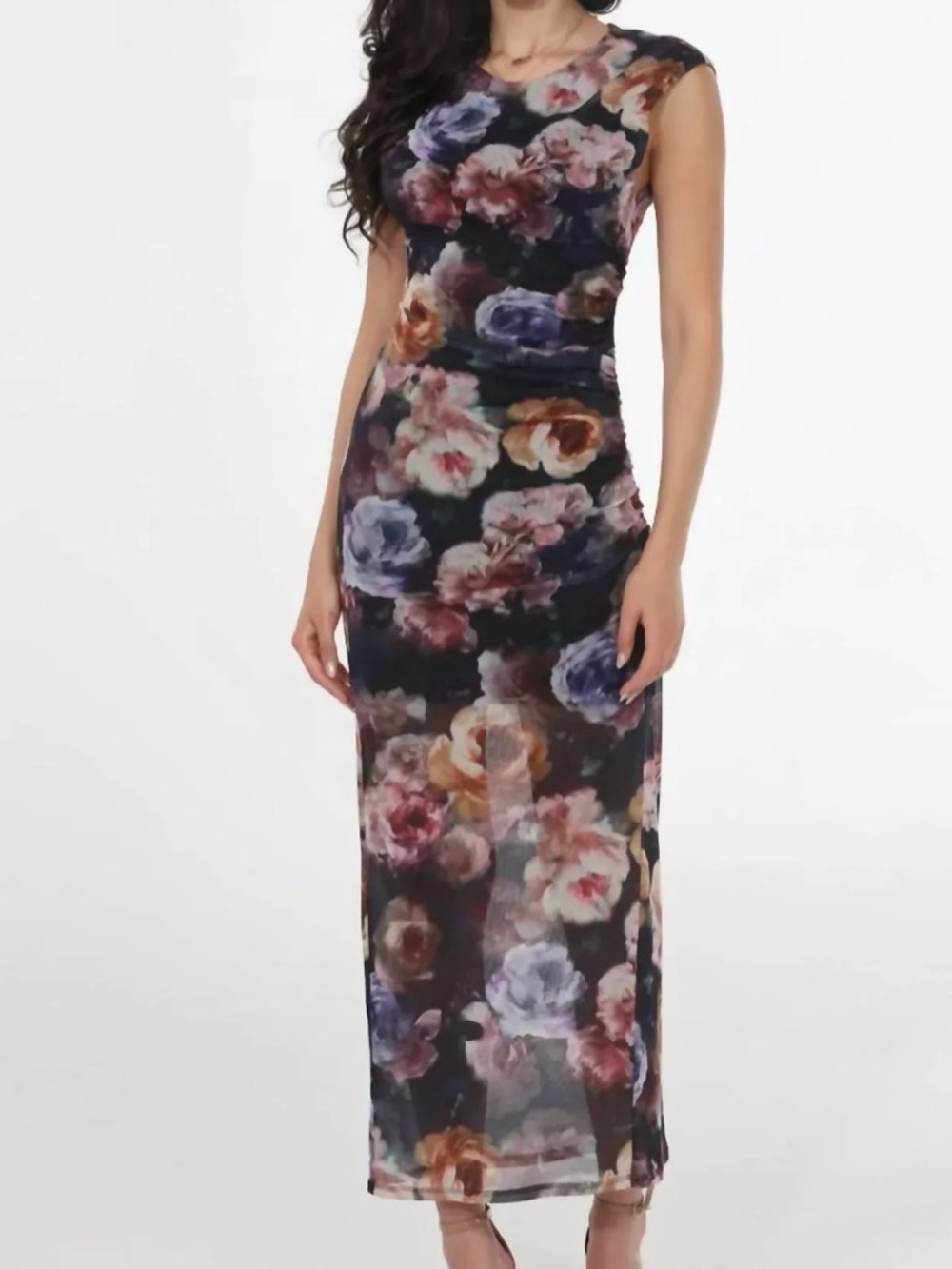 Black Floral Slim Fit Maxi Dress with Multi-Color Blooms